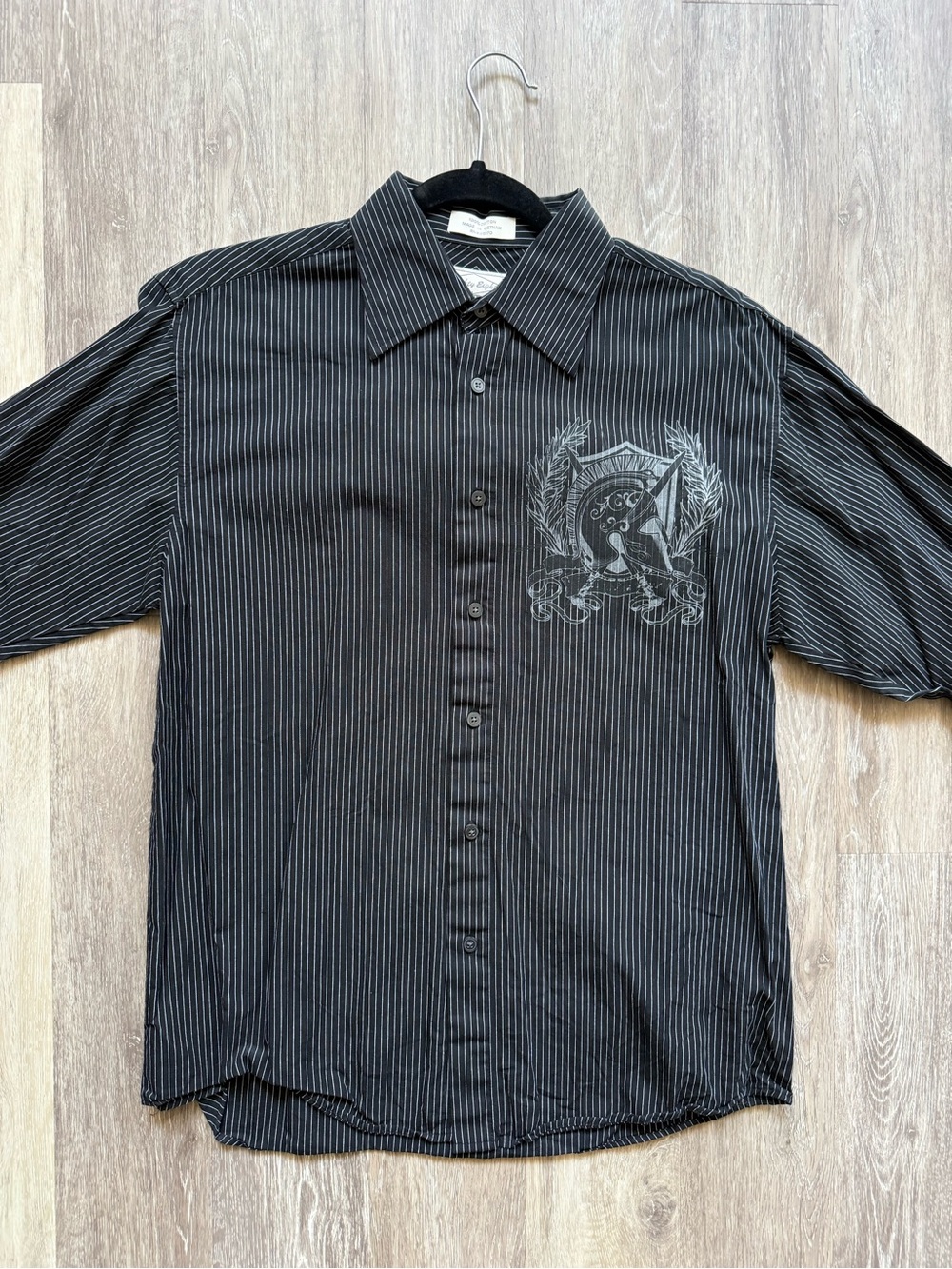 Black Pinstripe Short-Sleeve Button-Up Shirt with Embroidered Crest Eighty Eight
